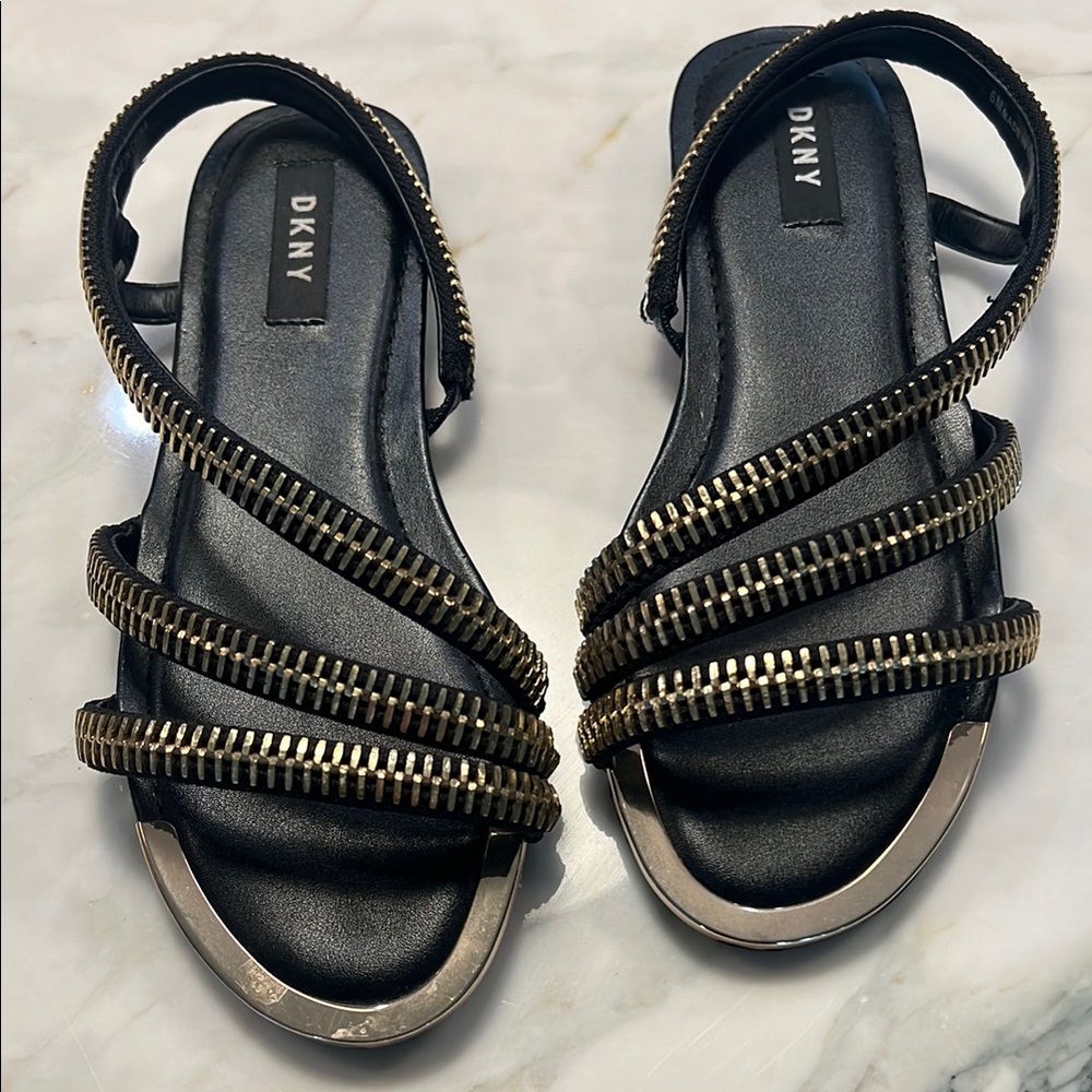 DKNY Black and Gold Crisscross Sandals